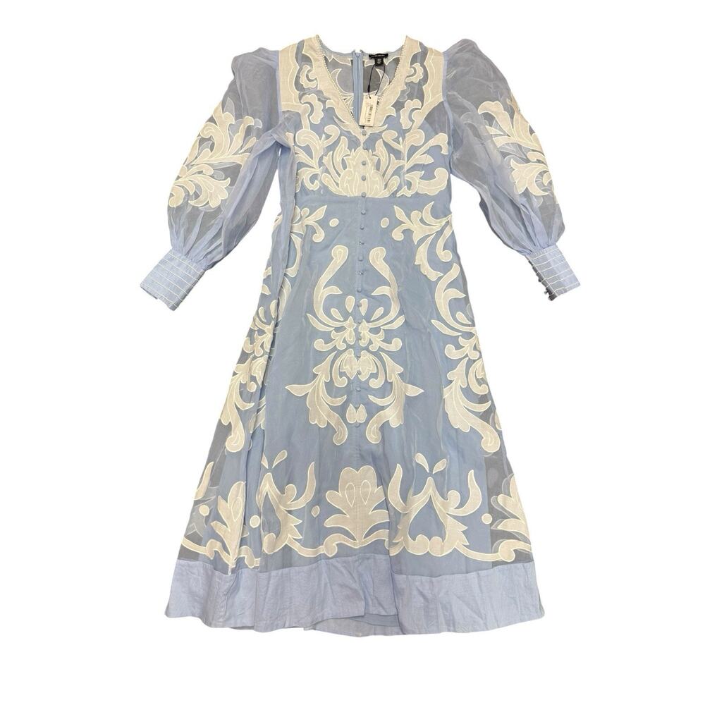 NWT Karen Millen Blue Applique Organza Buttoned Midi Dress Balloon Sleeves 12 - Picture 6 of 8